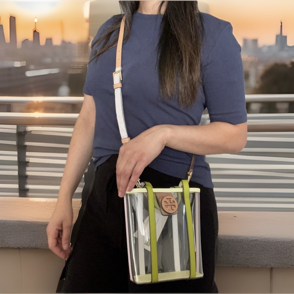 Tory Burch Blake Clear Logo Mini Shopper Crossbody Tote Bag Green Trim Concert - Picture 2 of 16